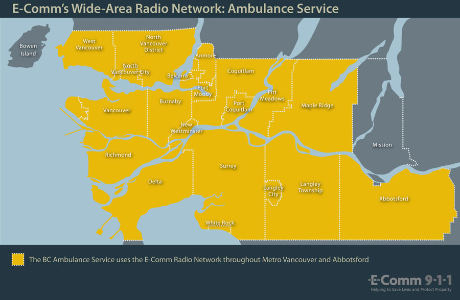 E-Comm 911 emergency dispatcher wide area radio network ambulance department